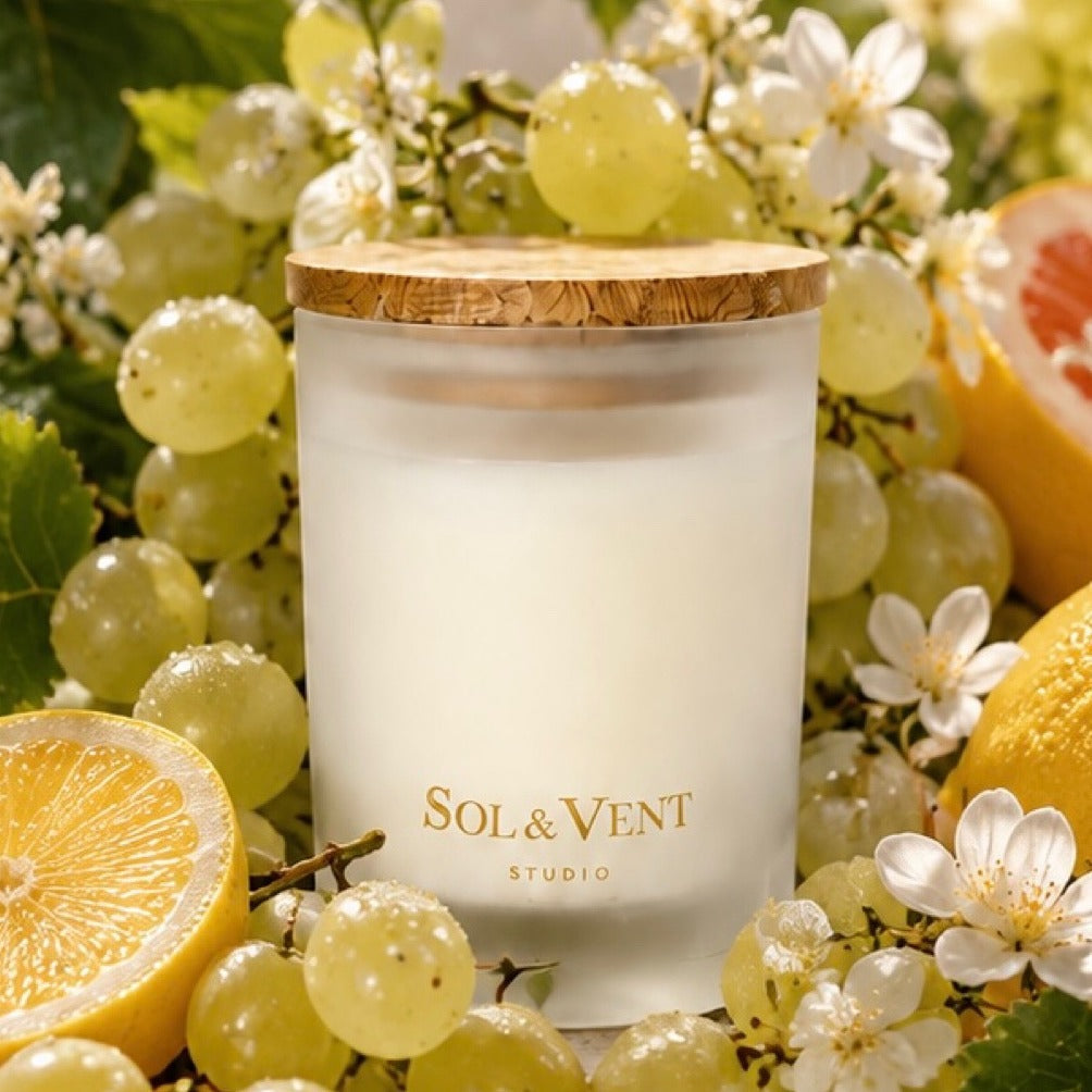 Fragancia Burbujas de Cava de Sol&Vent: vela entre uvas blancas y cítricos