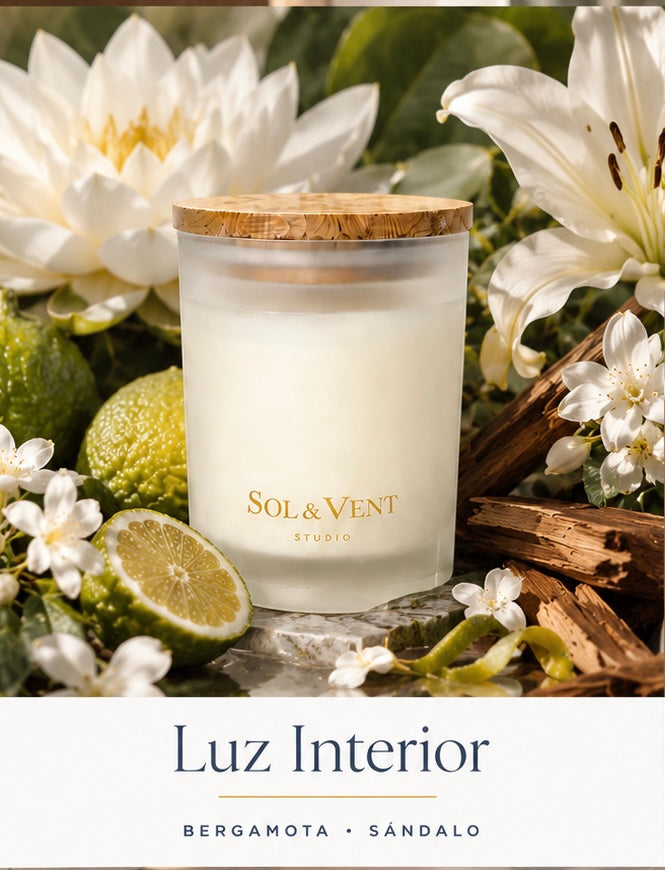 Vela Luz Interior de Sol&Vent con bergamota, lima y madera de sándalo