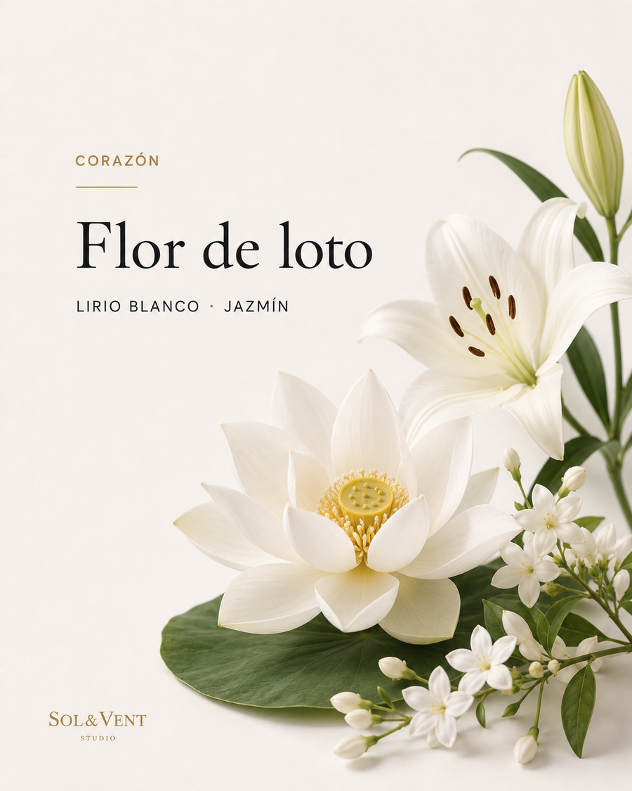 Flor de loto, lirio blanco y jazmín, nota de corazón de la fragancia Luz Interior de Sol&Vent