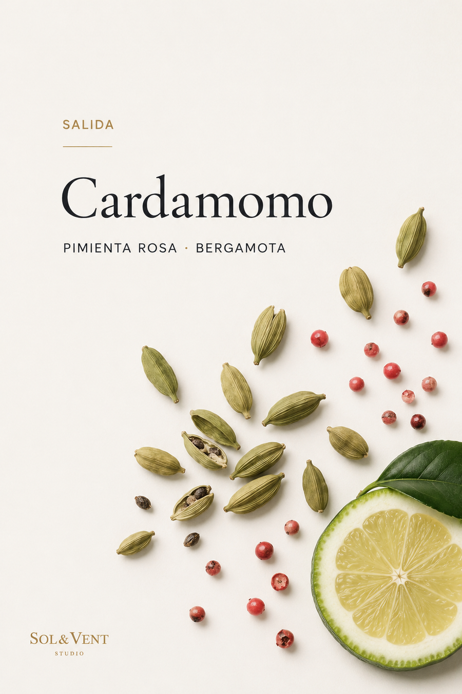 Vainas de cardamomo con pimienta rosa y bergamota, nota de salida de la fragancia Refugio de Montaña de Sol&Vent