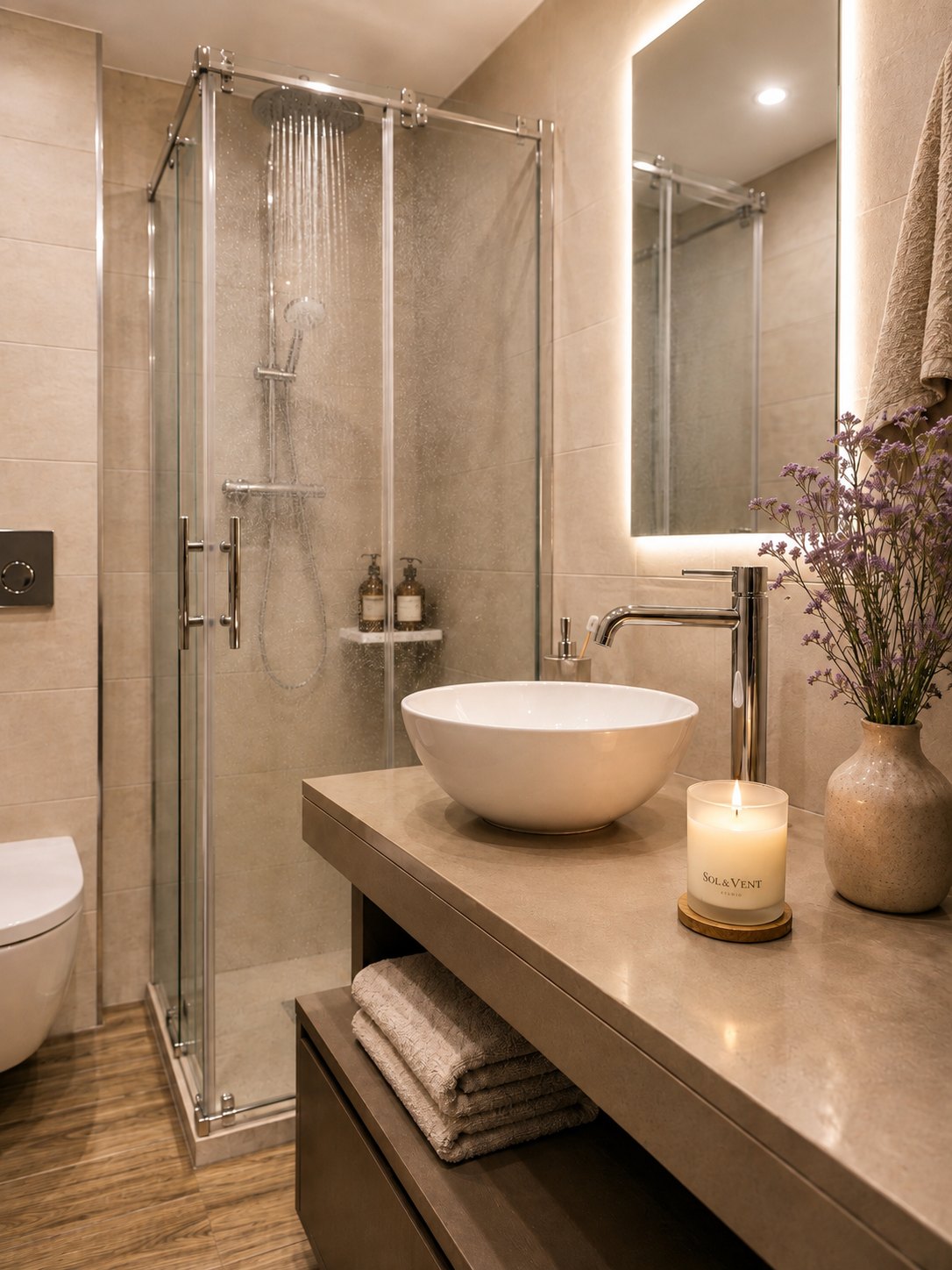 Baño con lavabo de piedra y una vela Sol&Vent encendida junto a un jarrón de lavanda
