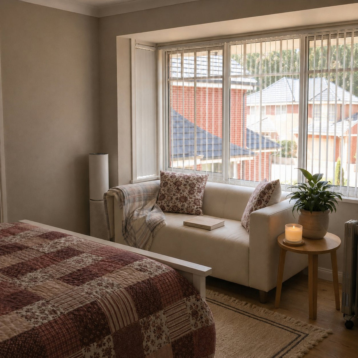 Dormitorio con sofá junto a la ventana y una vela Sol&Vent encendida en la mesita